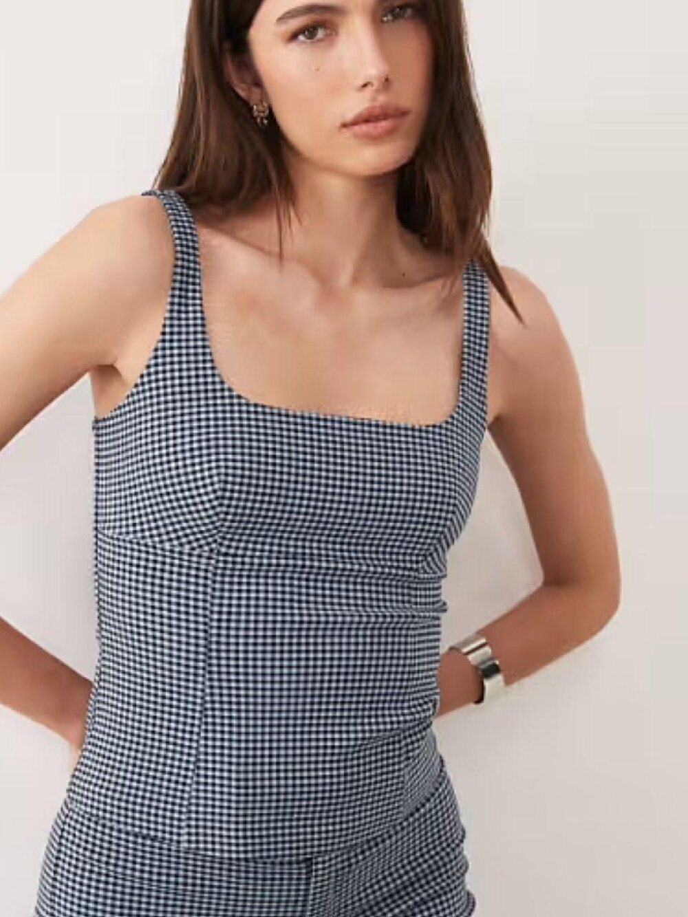 Mango Victoria Gingham Square-Neck Top in Blue and Navy